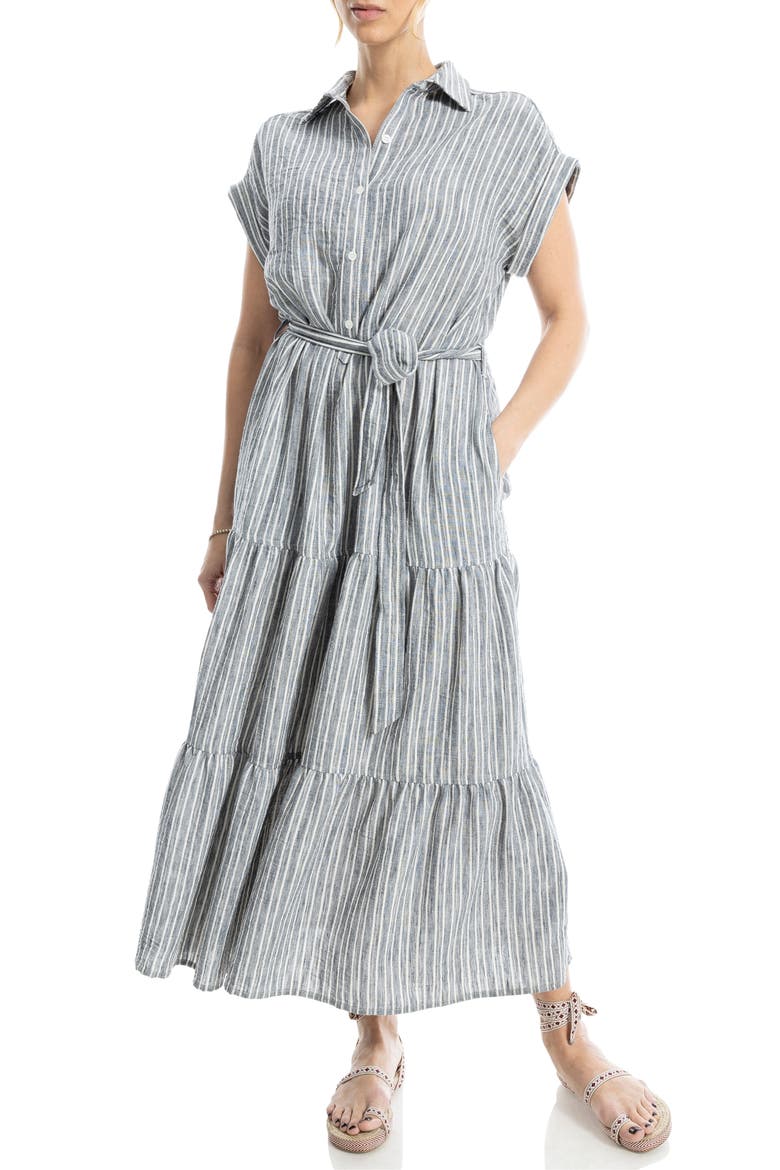 Cap Sleeve Maxi Shirtdress, Main, color, BLACK/ WHITE STRIPE