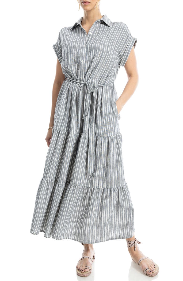 MAX STUDIO Cap Sleeve Maxi Shirtdress, Main, color, Black/ White Stripe
