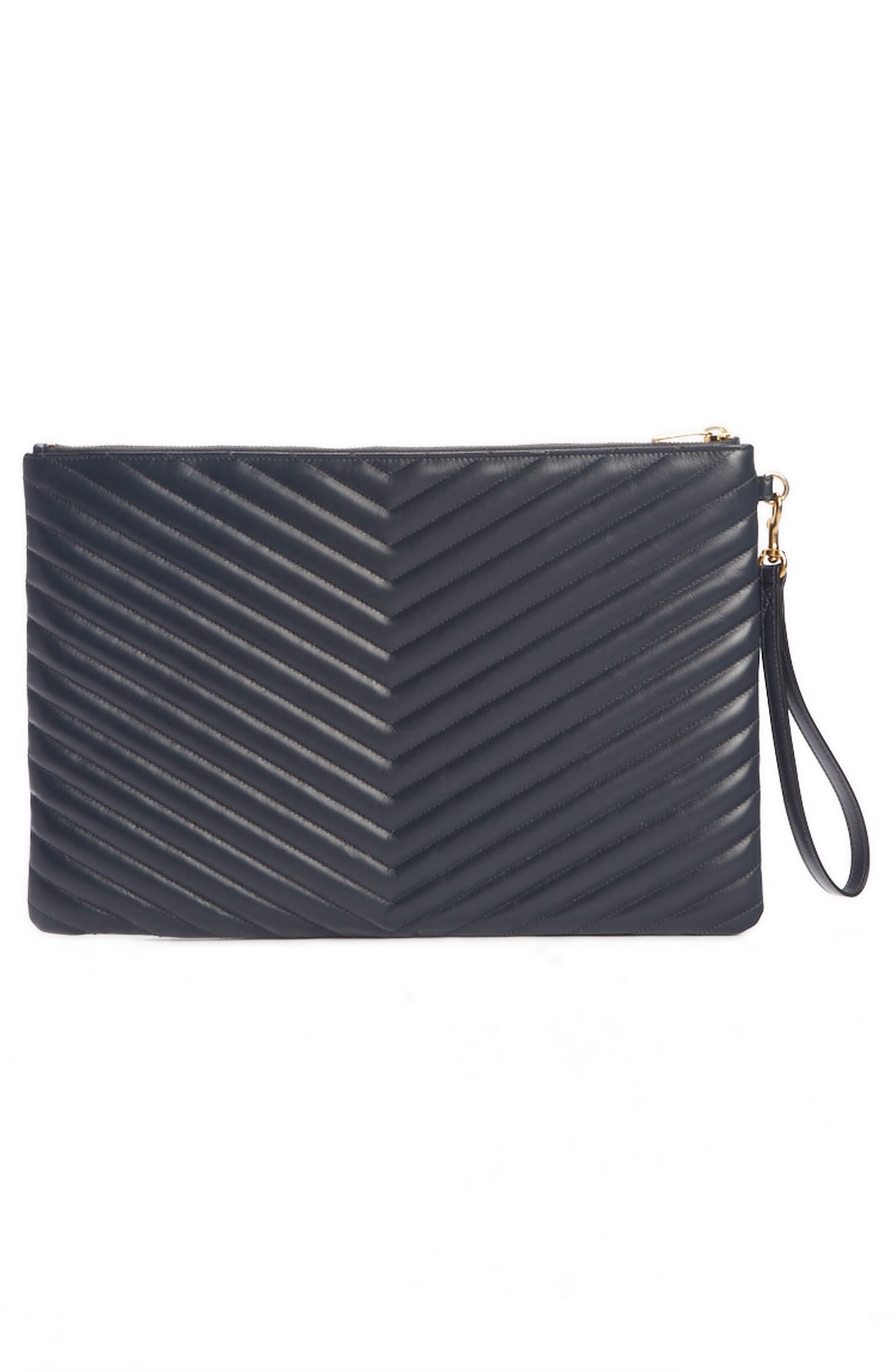 Saint Laurent Large Logo Matelassé Leather Pouch, Alternate, color, 