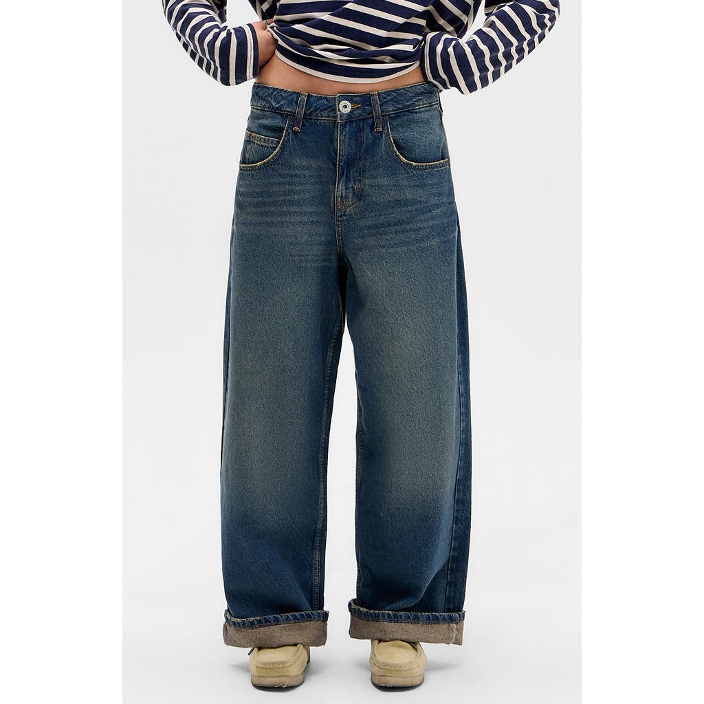 Bdg Urban Outfitters Jaya Texan Low Rise Cuffed Hem Wide Leg Jeans In Blue