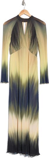 Calina Ombré Long Sleeve Plissé Maxi Dress