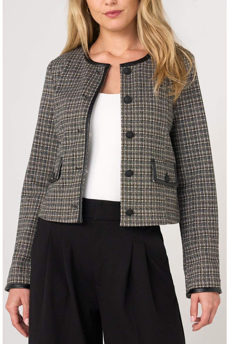 Check Collarless Jacket with Faux Leather Trim, Main, color, BLACK TAN MOUNTAIN CHECK