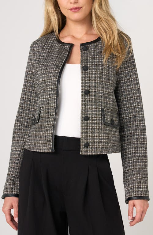 Liverpool Los Angeles Check Collarless Jacket with Faux Leather Trim in Black Tan Mountain Check at Nordstrom, Size Small