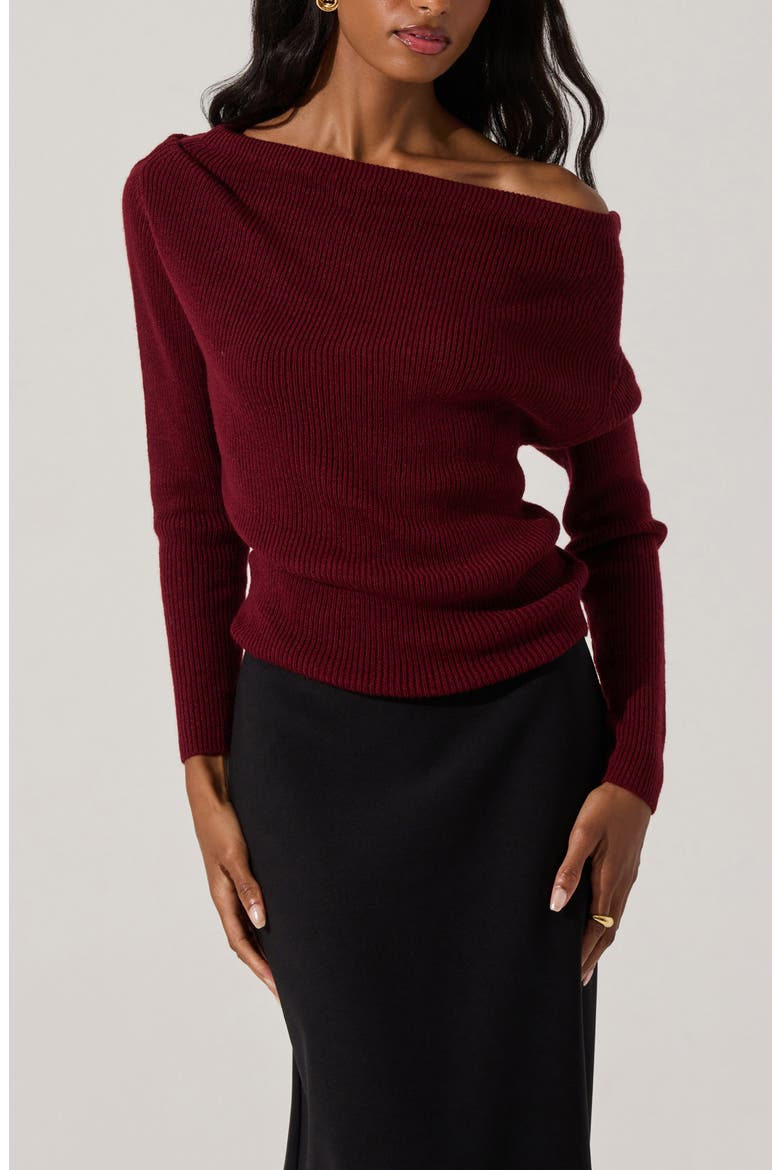 One-Shoulder Rib Sweater, Alternate, color, WINE