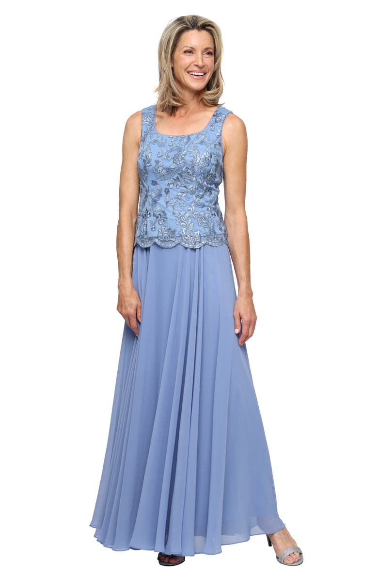 Alex Evenings Mixed Media Sleeveless Gown with Embroidered Jacket, Alternate, color, Dusty Blue