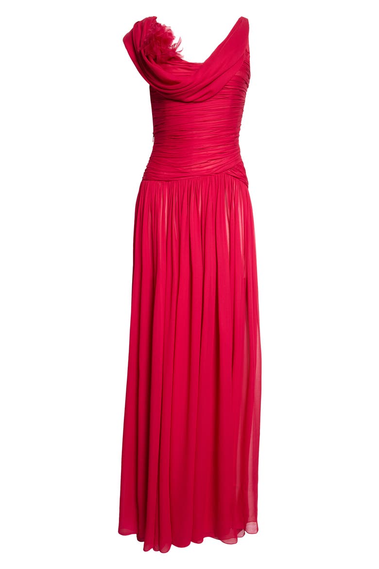 Floral Appliqué Draped Silk Chiffon Gown, Alternate, color, CRANBERRY