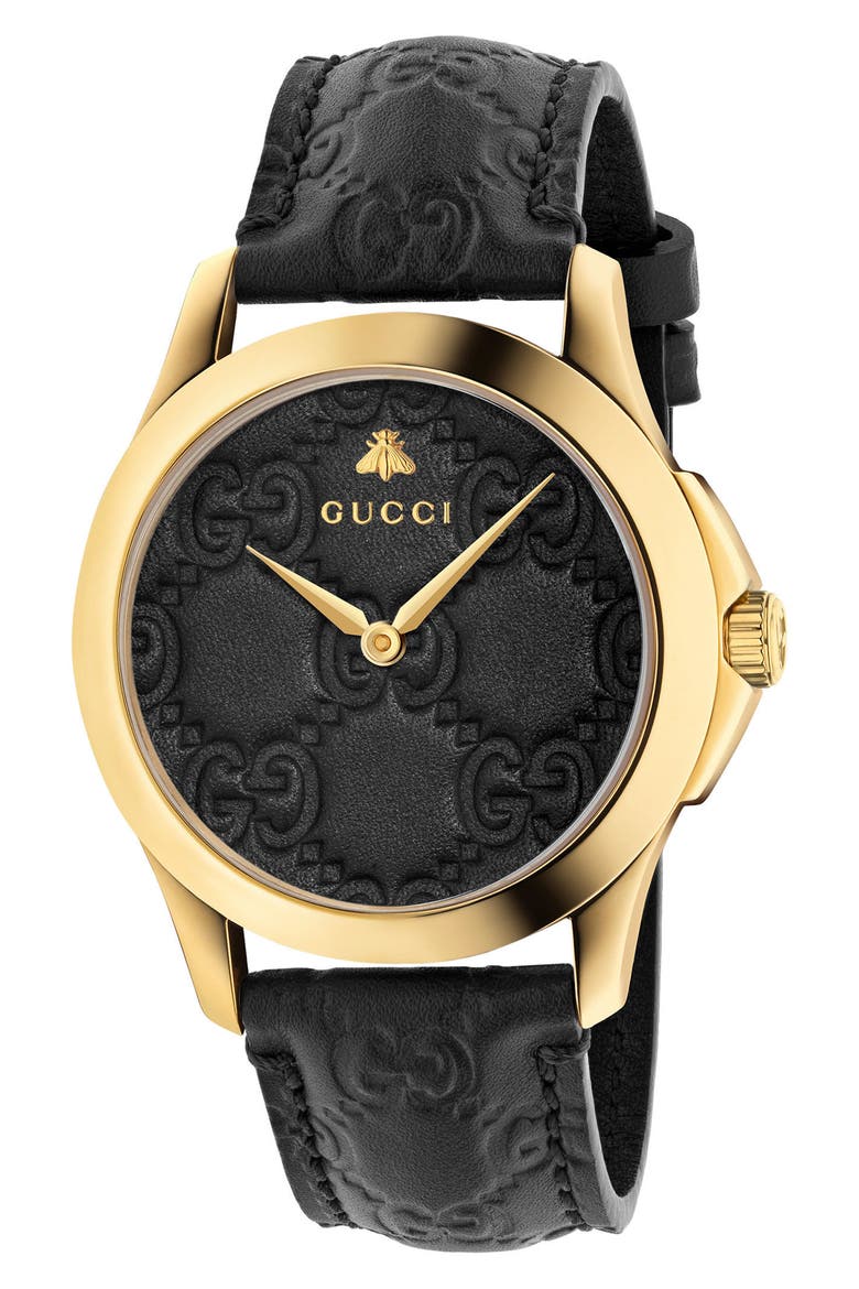 G-Timeless Leather Strap Watch, 38mm, Main, color, BLACK/ GOLD