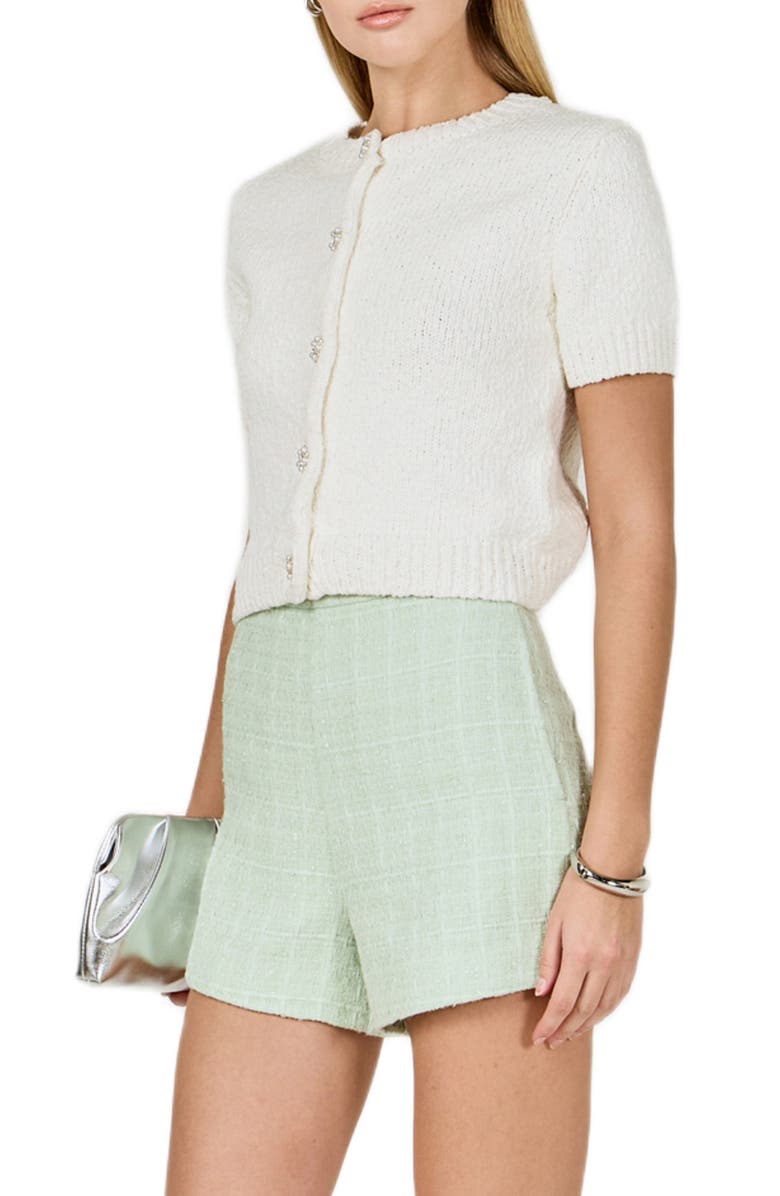 Endless Rose Scalloped Embellished Button Short Sleeve Cardigan, Alternate, color, White