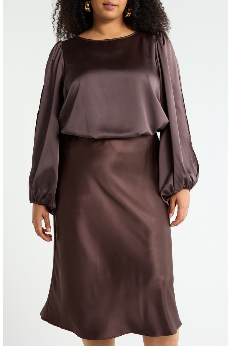 Cutout Long Sleeve Satin Top, Main, color, BROWN