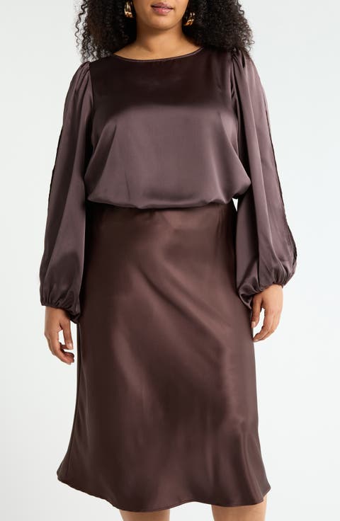 Cutout Long Sleeve Satin Top (Plus)