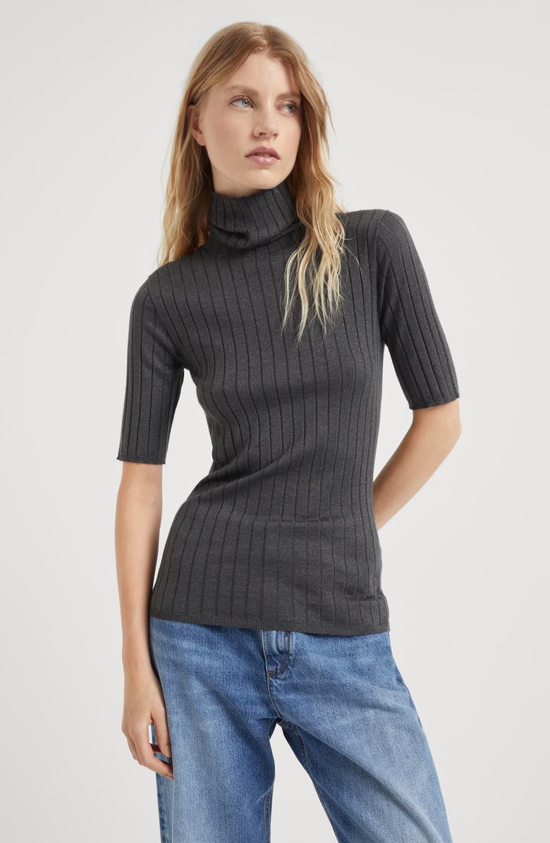 Brunello Cucinelli Sparkling cashmere and silk rib knit turtleneck sweater, Alternate, color, 
