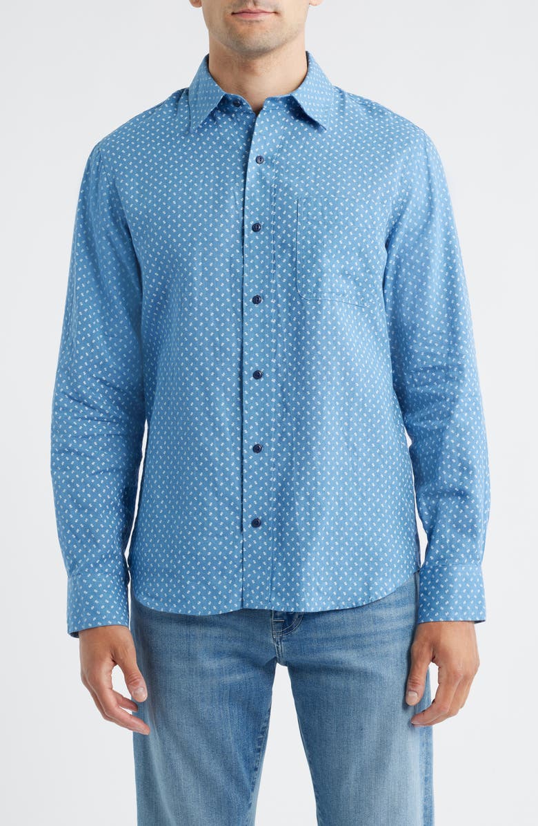 Schott NYC Calico Print Linen Button-Up Shirt, Main, color, Light Blue
