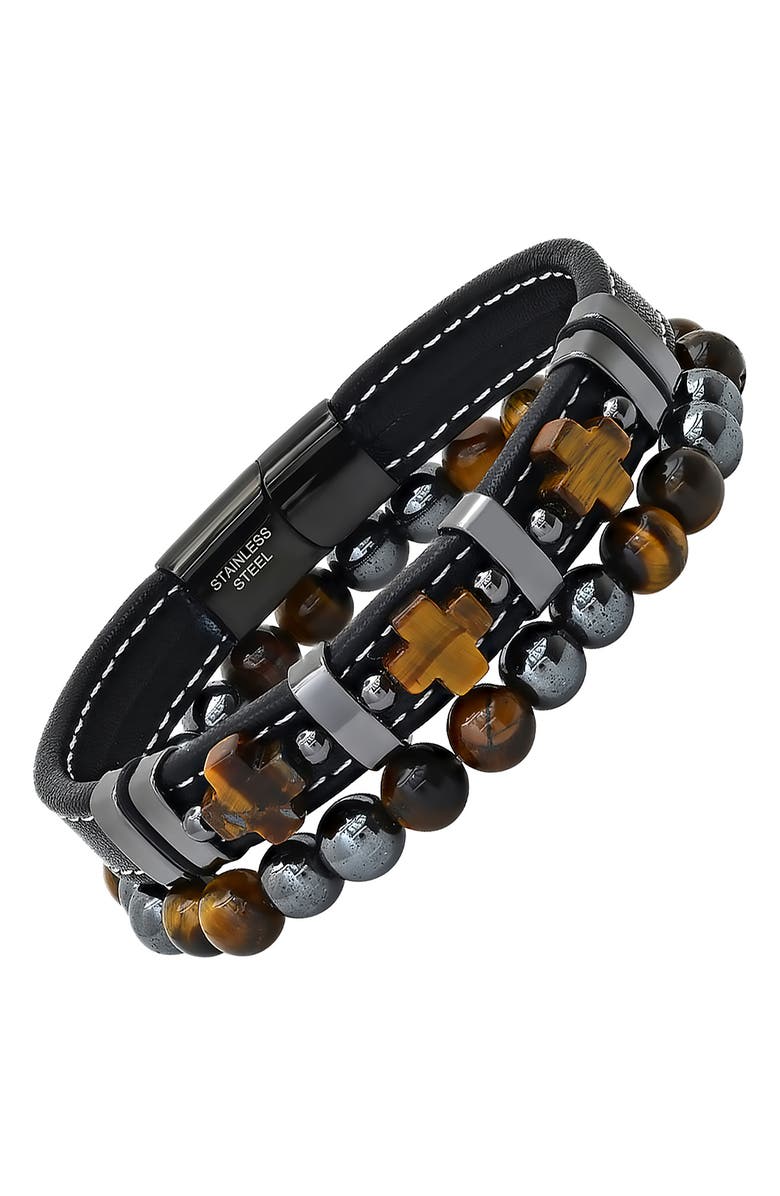 HMY JEWELRY Men's 2-Piece Tiger's Eye Bead & Leather Bracelet Set, Alternate, color, 