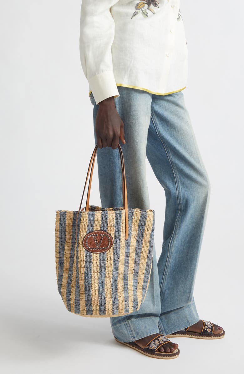 Valentino Garavani VLOGO Signature Crochet Raffia Tote, Alternate, color, Natural/ Blue