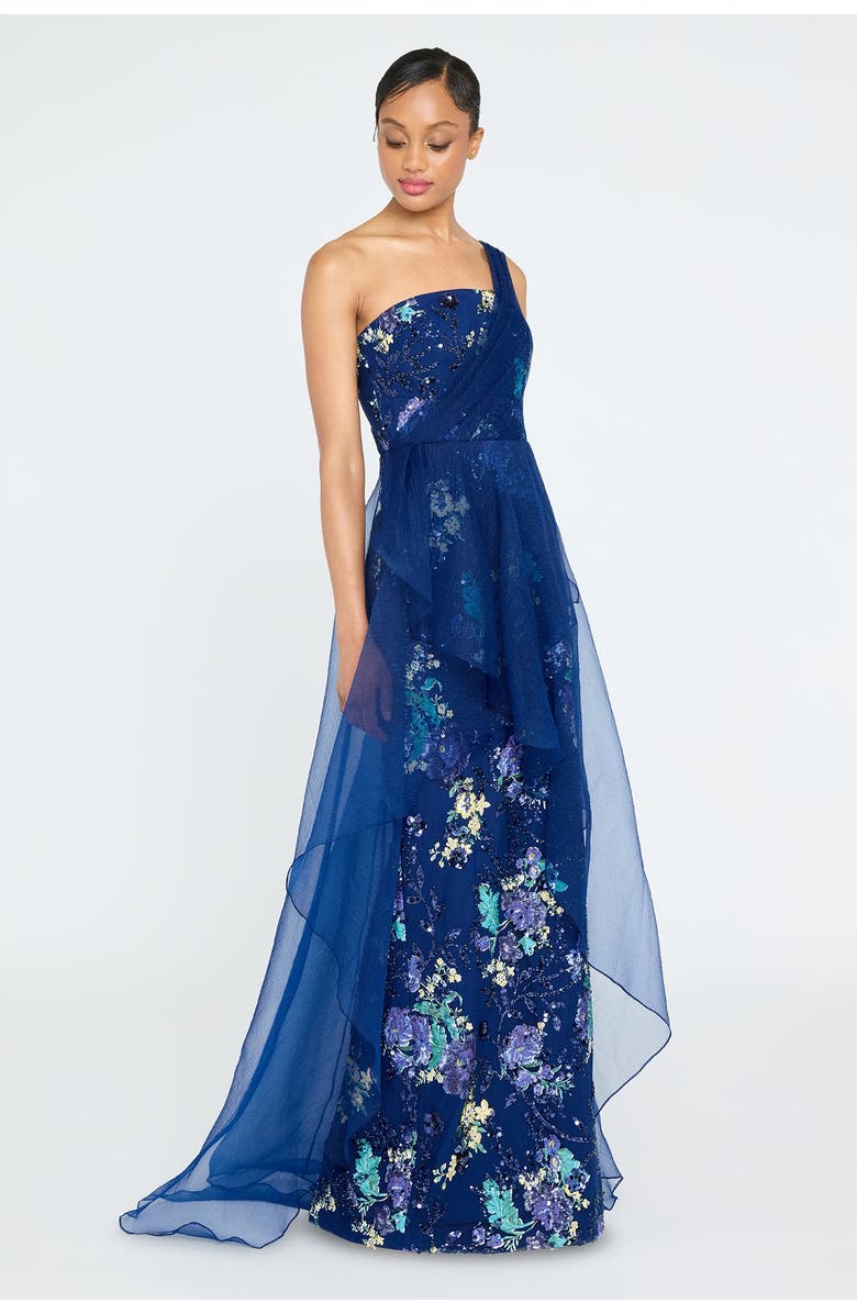 Theia Noemi Column Gown with Overlay, Alternate, color, Blue