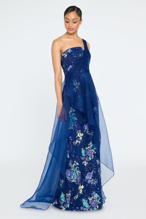 Theia Noemi One Shoulder Sequined Gown In Blue