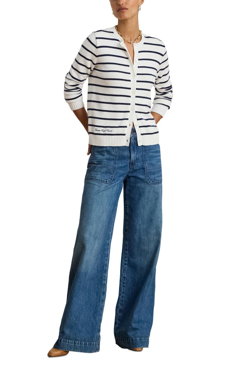Lauren Ralph Lauren Ralhan Stripe Combed Cotton Cardigan, Alternate, color, White/ Refined Navy
