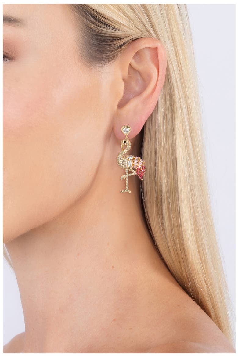 Pink Flamingo Cubic Zirconia Drop Earrings, Alternate, color, GOLD