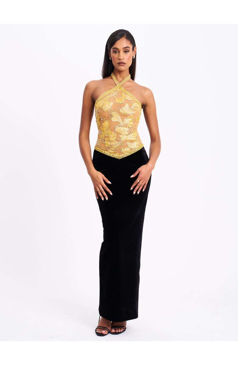 Miss Circle Gazelle Embroidered Vintage Style Maxi Dress, Alternate, color, Black