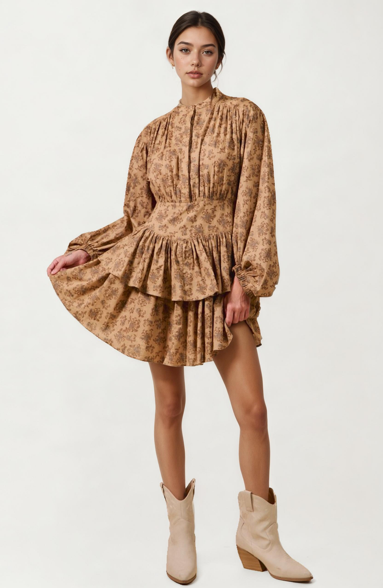 Knit and Lounge Tiered Long Sleeve Mini Dress with Smocked Waist, Alternate, color, 