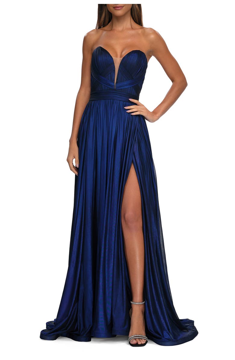La Femme Flowy Metallic Net Jersey Prom Dress with Intricate Ruched Bodice, Alternate, color, Royal Blue