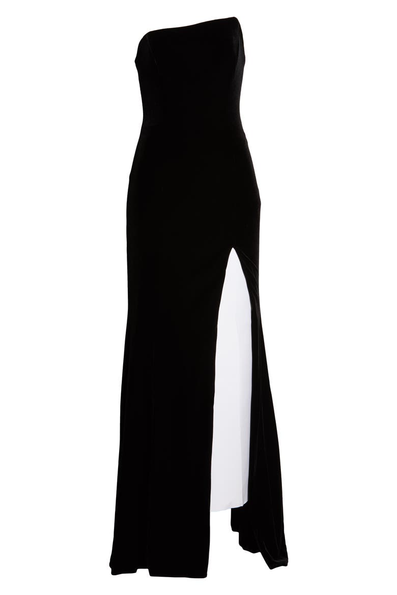 Xscape Strapless Velvet Gown, Alternate, color, BLACK