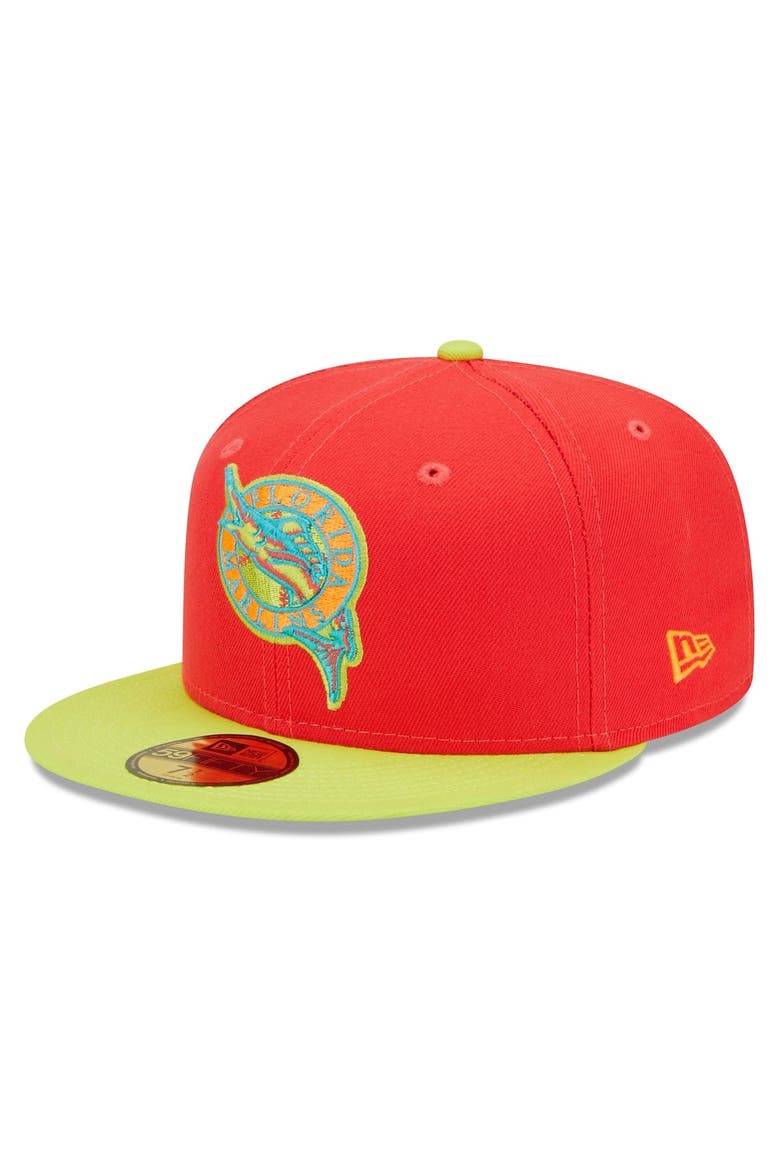Men's New Era Red/Neon Green Florida Marlins 1993 Inaugural Season  Lava Highlighter Combo 59FIFTY Fitted Hat, Alternate, color, Red