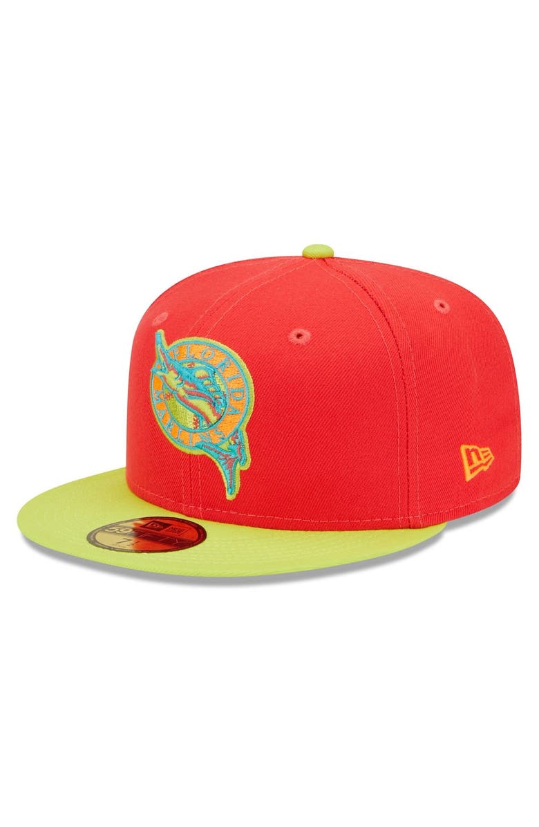 New Era Men's New Era Red/Neon Green Florida Marlins 1993 Inaugural Season  Lava Highlighter Combo 59FIFTY Fitted Hat, Alternate, color, 