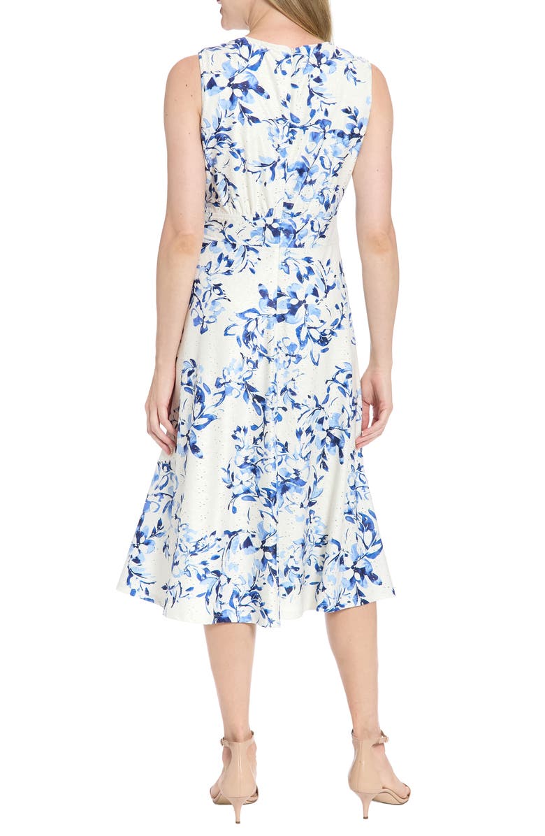 London Times Floral Sleeveless Inset Waist Eyelet Midi Dress, Alternate, color, Ivory/ Blue