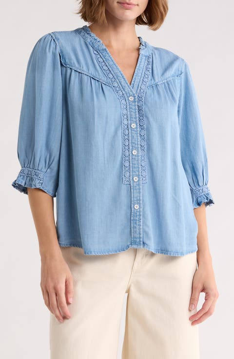 Embroidered Inset Button Up Top