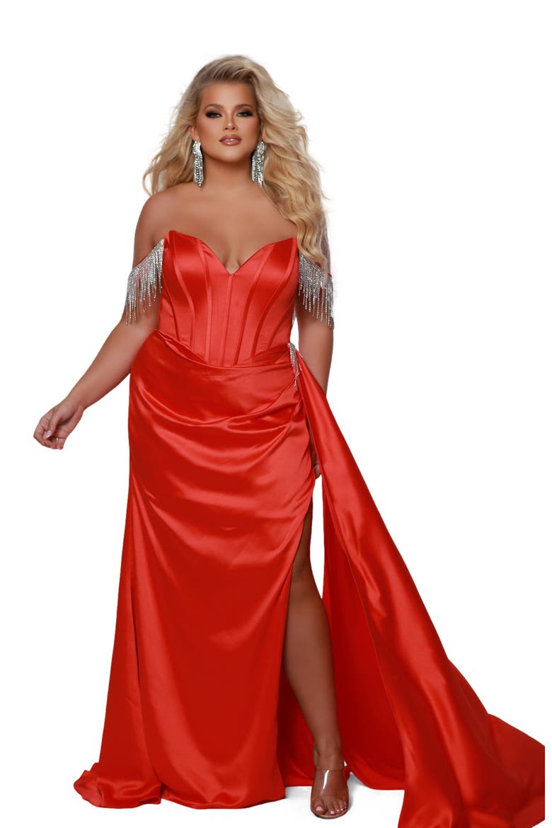 Sweetheart Neckline Fitted Satin Corset Plus Size Evening Gown, Main, color, Tangerine