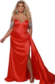 Johnathan Kayne for Sydney's Closet Sweetheart Neckline Fitted Satin Corset Plus Size Evening Gown