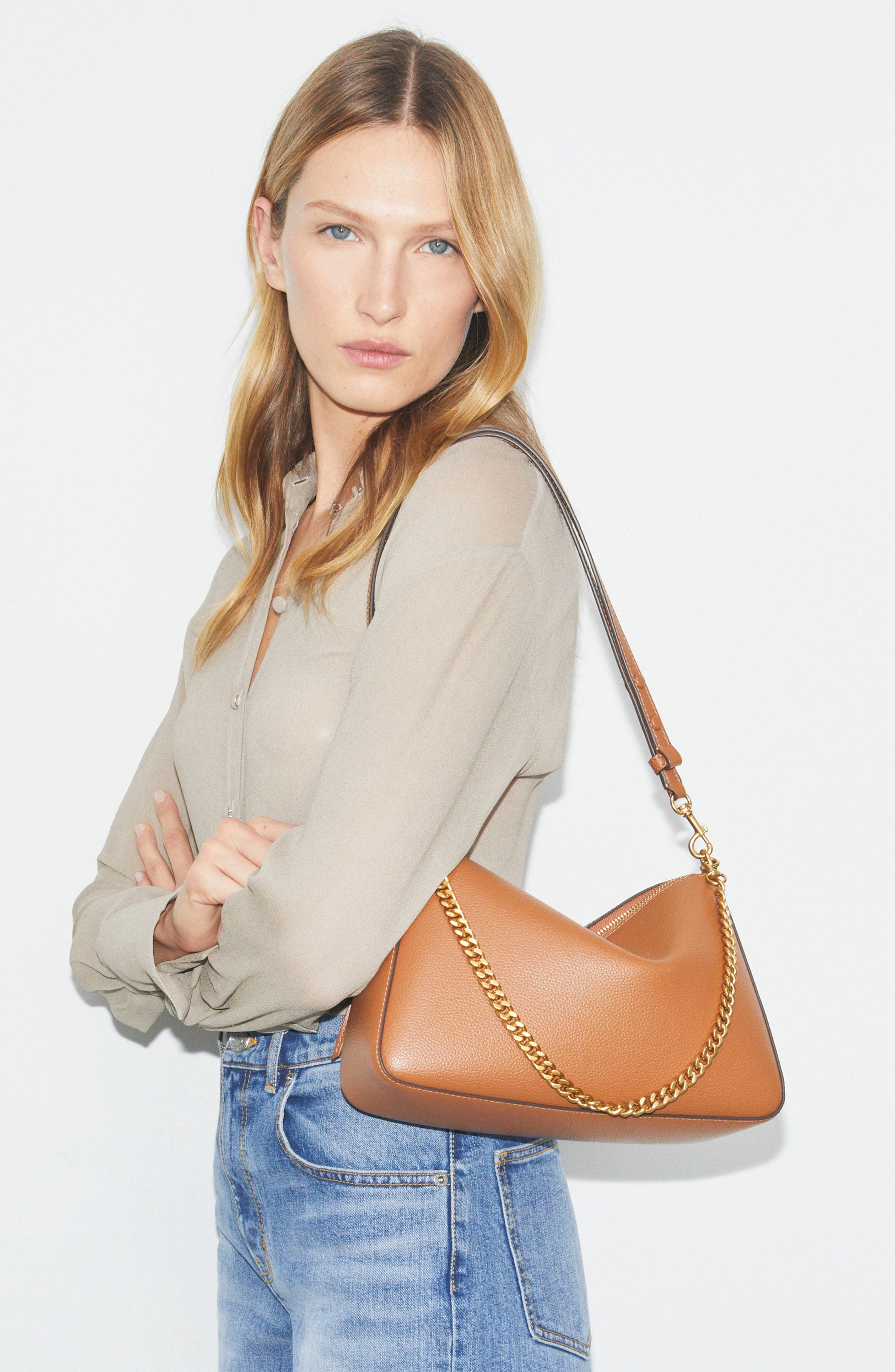 Perry Leather Shoulder Bag, Alternate, color, AUTUMN BROWN