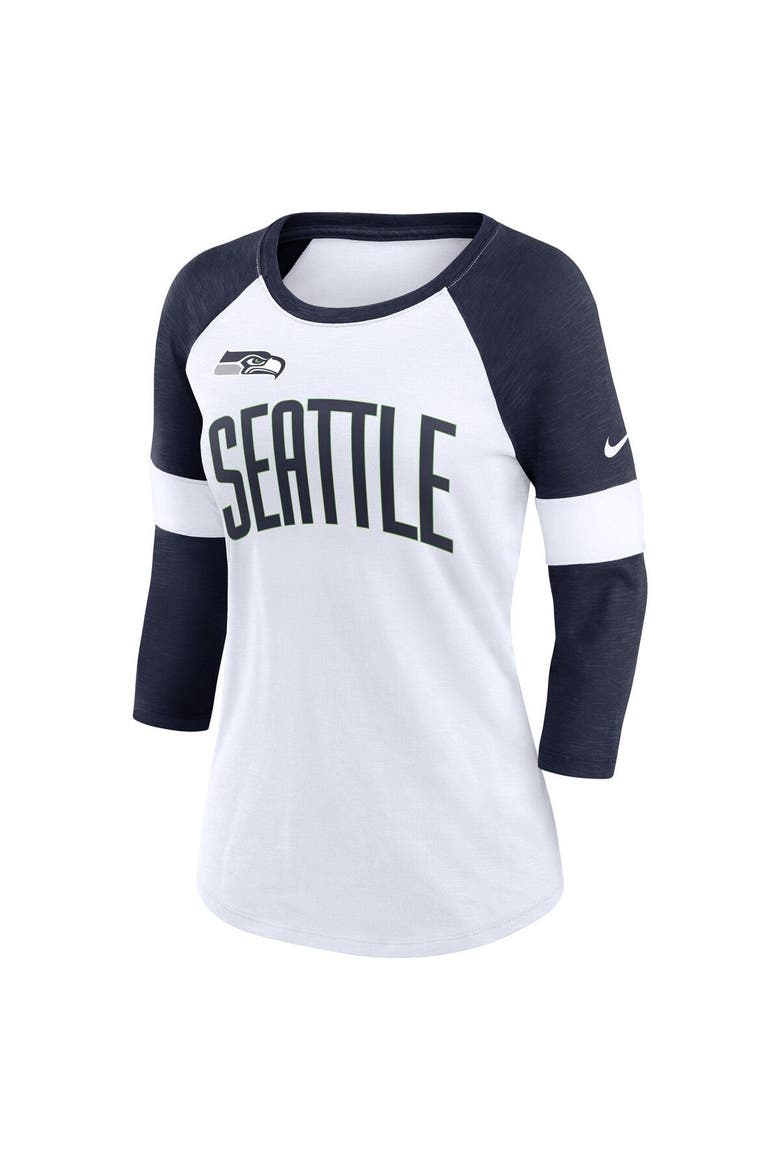 Women's Nike Seattle Seahawks White/Heather College Navy Football Pride Raglan 3/4-Sleeve T-Shirt, Alternate, color, White