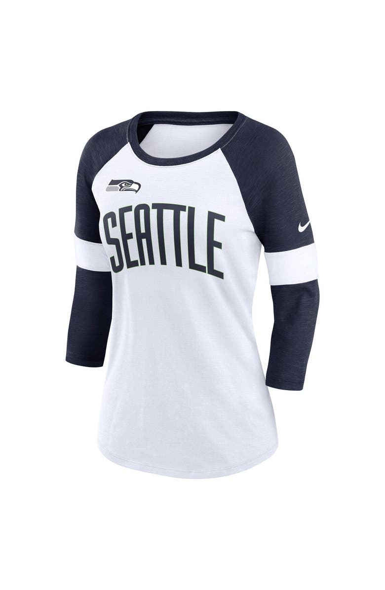 Nike Women's Nike Seattle Seahawks White/Heather College Navy Football Pride Raglan 3/4-Sleeve T-Shirt, Alternate, color, White