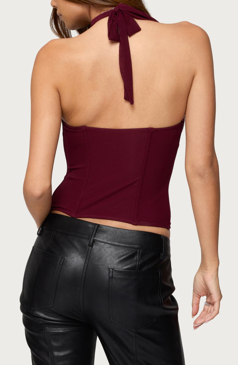 EDIKTED Rosalina Mesh Halter Corset Top, Alternate, color, Burgundy