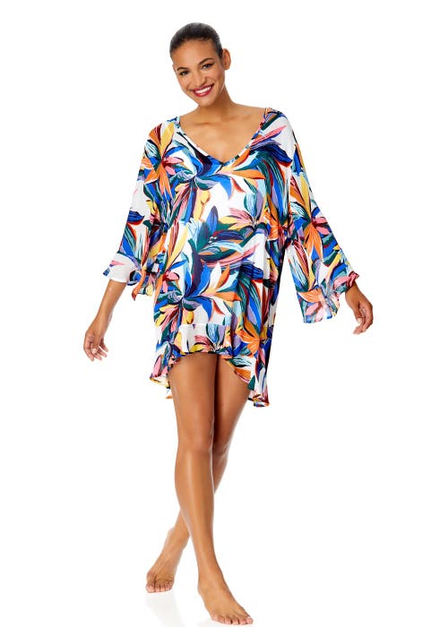 Anne Cole Plus Riviera Floral Flounce V Neck Tunic Swimsuit Cover Up In Riviera Floral