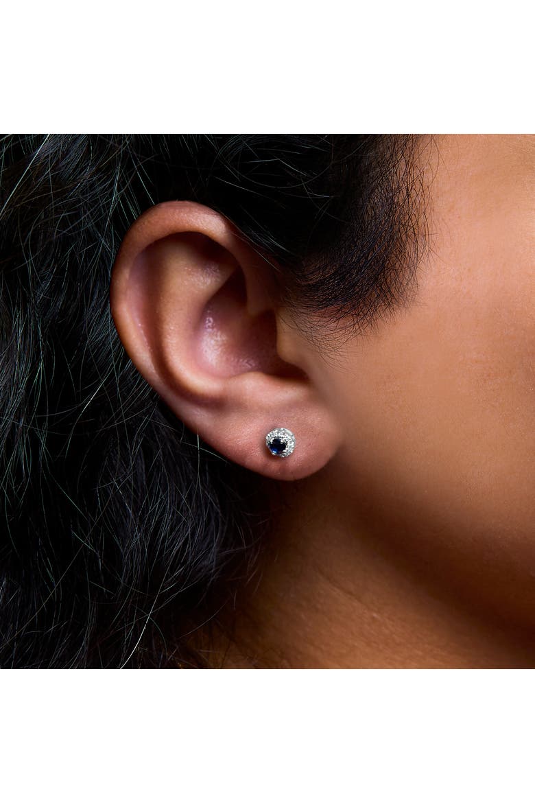 10K White Gold 5x3 MM Oval Cut Birthstone and Diamond Halo Stud Earrings, Alternate, color, Blue Sapphire
