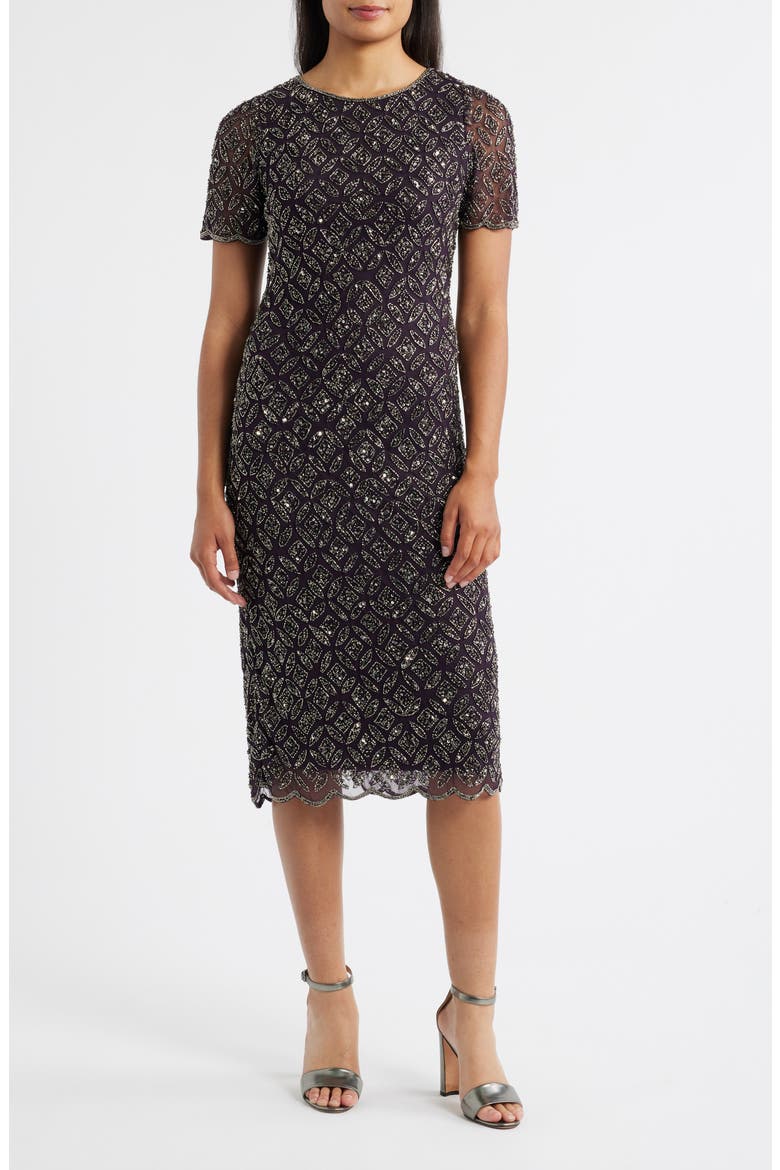 Beaded Midi Cocktail Dress, Main, color, EGGPLANT