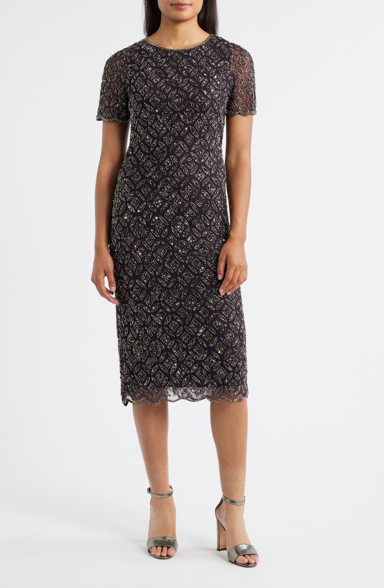Pisarro Nights Beaded Midi Cocktail Dress, Main, color, Eggplant