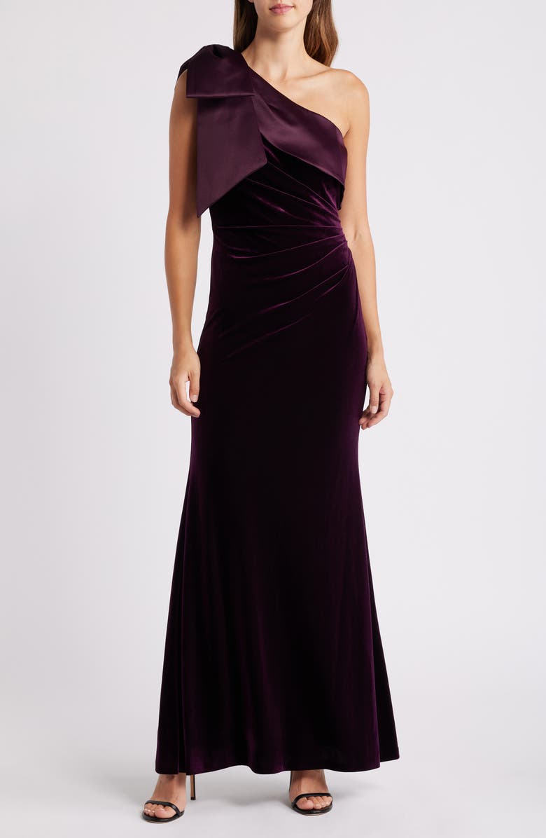 Eliza J One-Shoulder Bow Gown, Main, color, Aubergine