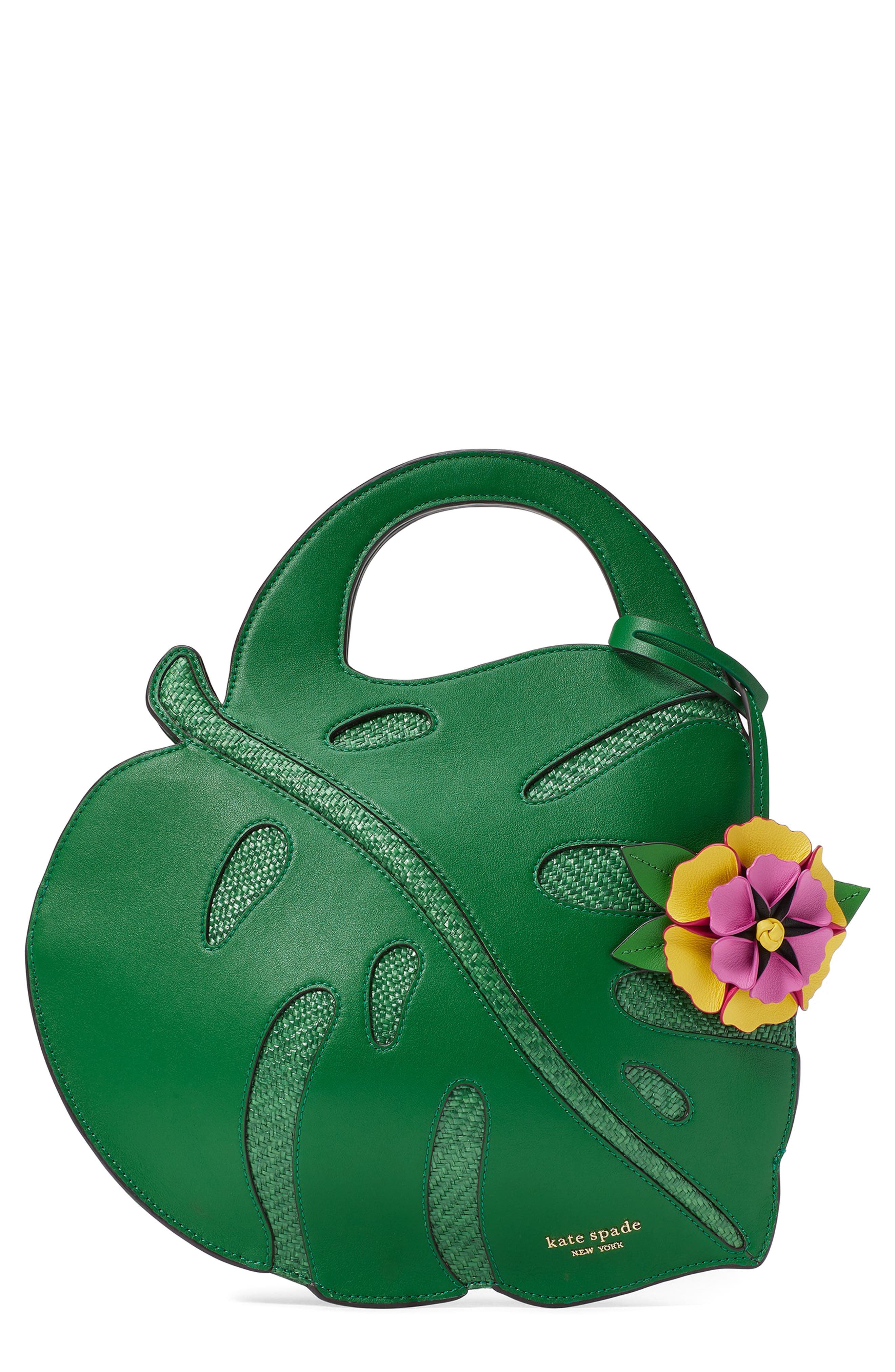 Kate Spade New York playa 3D leaf leather & straw top handle bag, Main, color, 