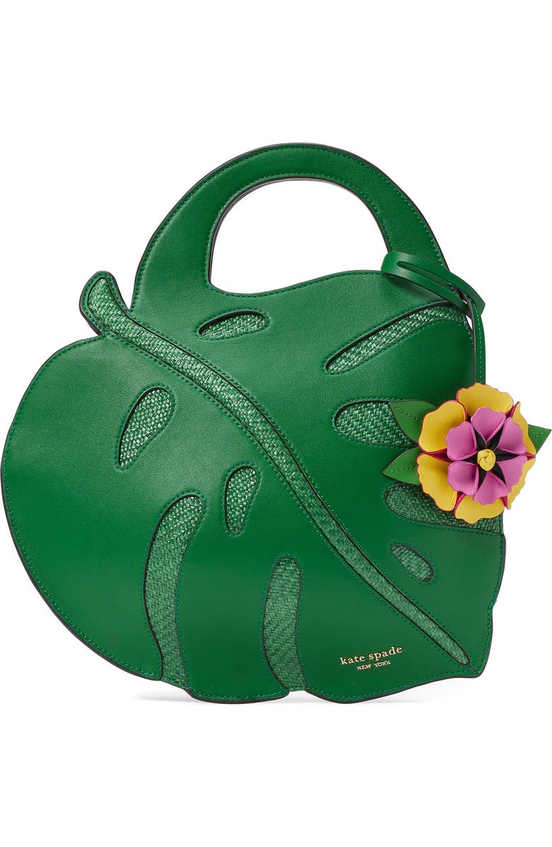 Kate Spade New York playa 3D leaf leather & straw top handle bag, Main, color,