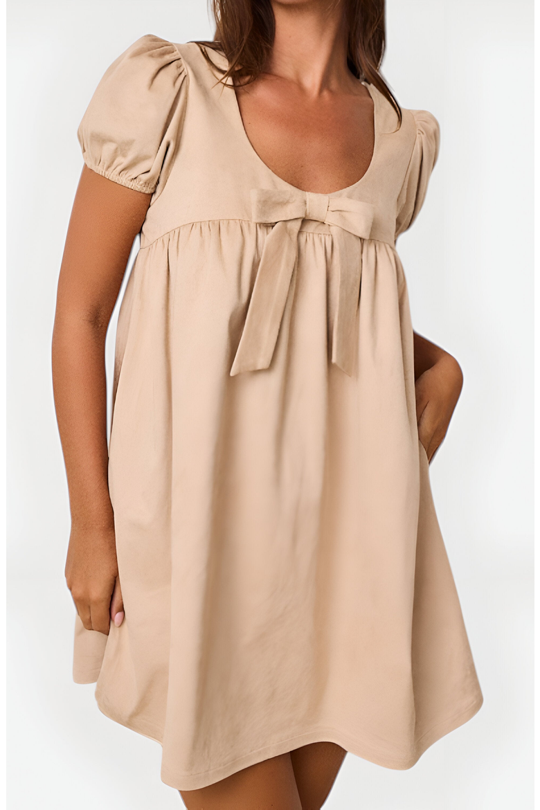 Puff Sleeve Mini Dress with Bow Detail, Alternate, color, Beige