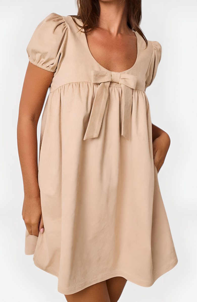 Modenaire Puff Sleeve Mini Dress with Bow Detail, Alternate, color, Beige