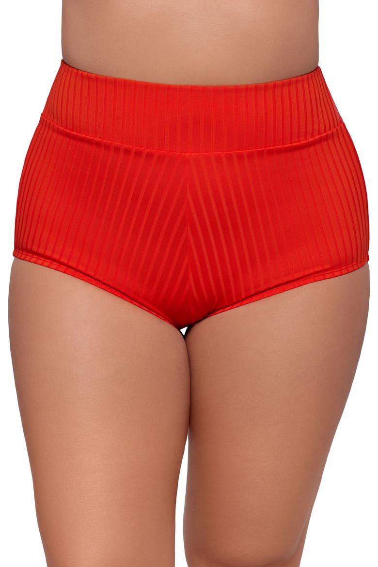 Smoothing and Sculpting Ribbed Ultra High-Waist Swim Shorts, Main, color, Scarlet