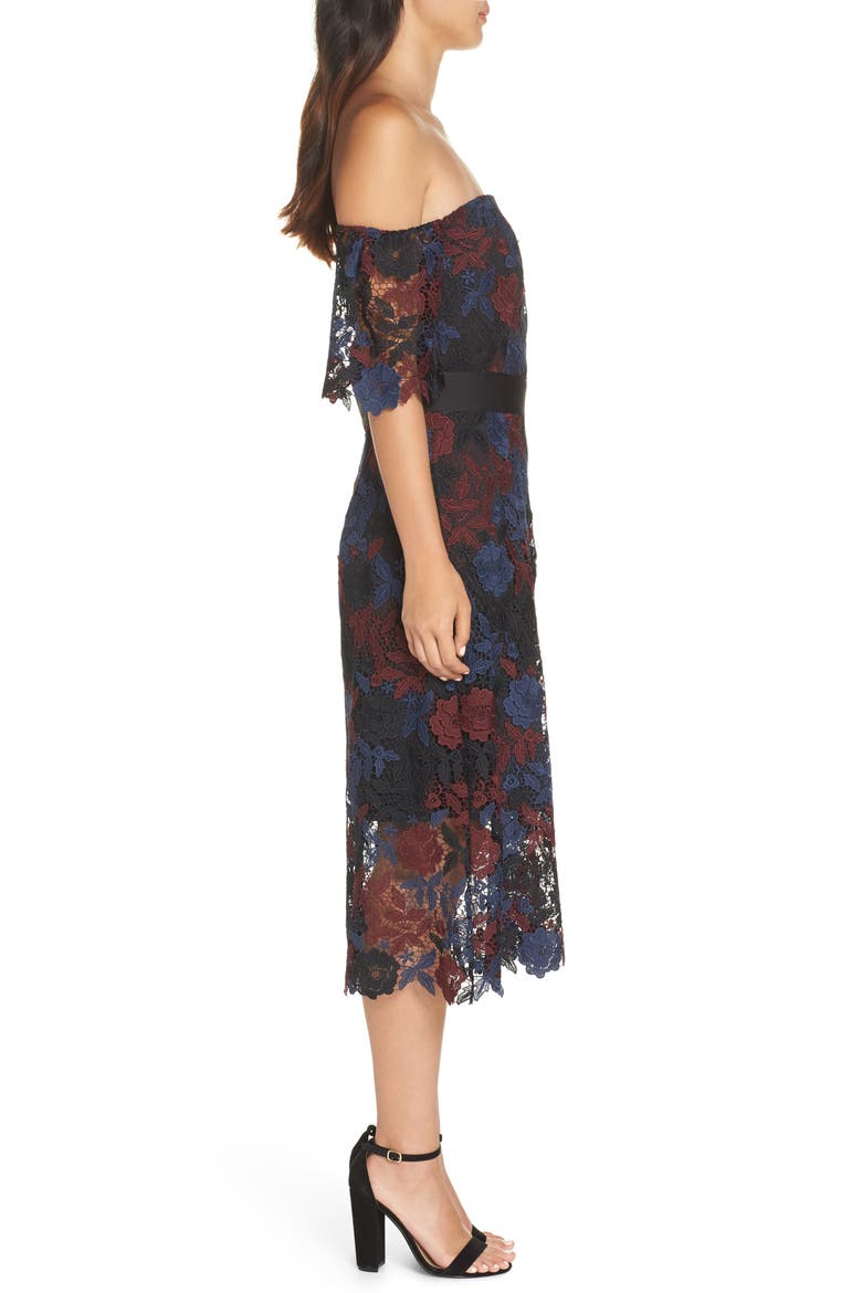 Three-Tone Off the Shoulder Lace Midi Dress, Alternate, color, BLACK MULTI