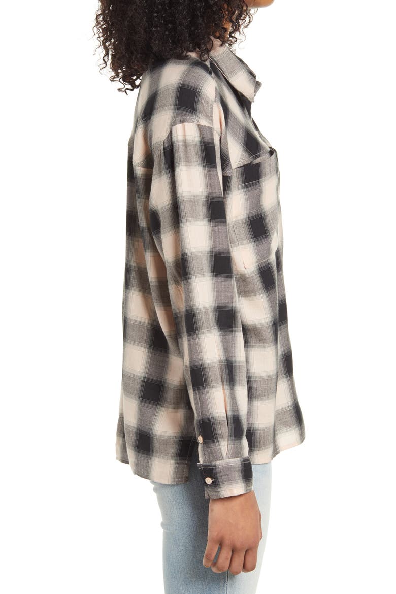 High/Low Plaid Button-Up Shirt, Alternate, color, PINK HERRINGBONE PLAID
