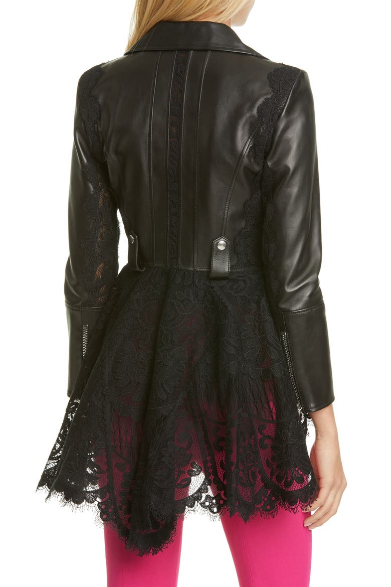 Alexander McQueen Lace Peplum Leather Moto Jacket, Alternate, color, BLACK