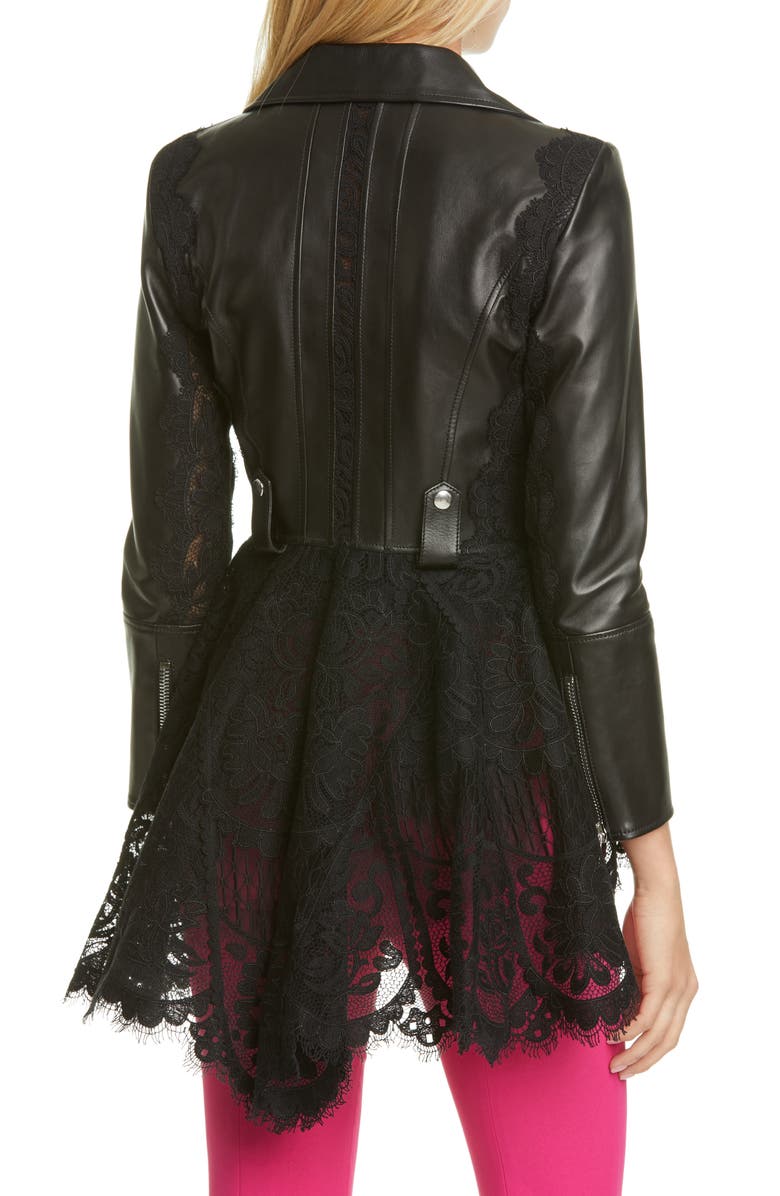 McQueen Alexander McQueen Lace Peplum Leather Moto Jacket, Alternate, color, 